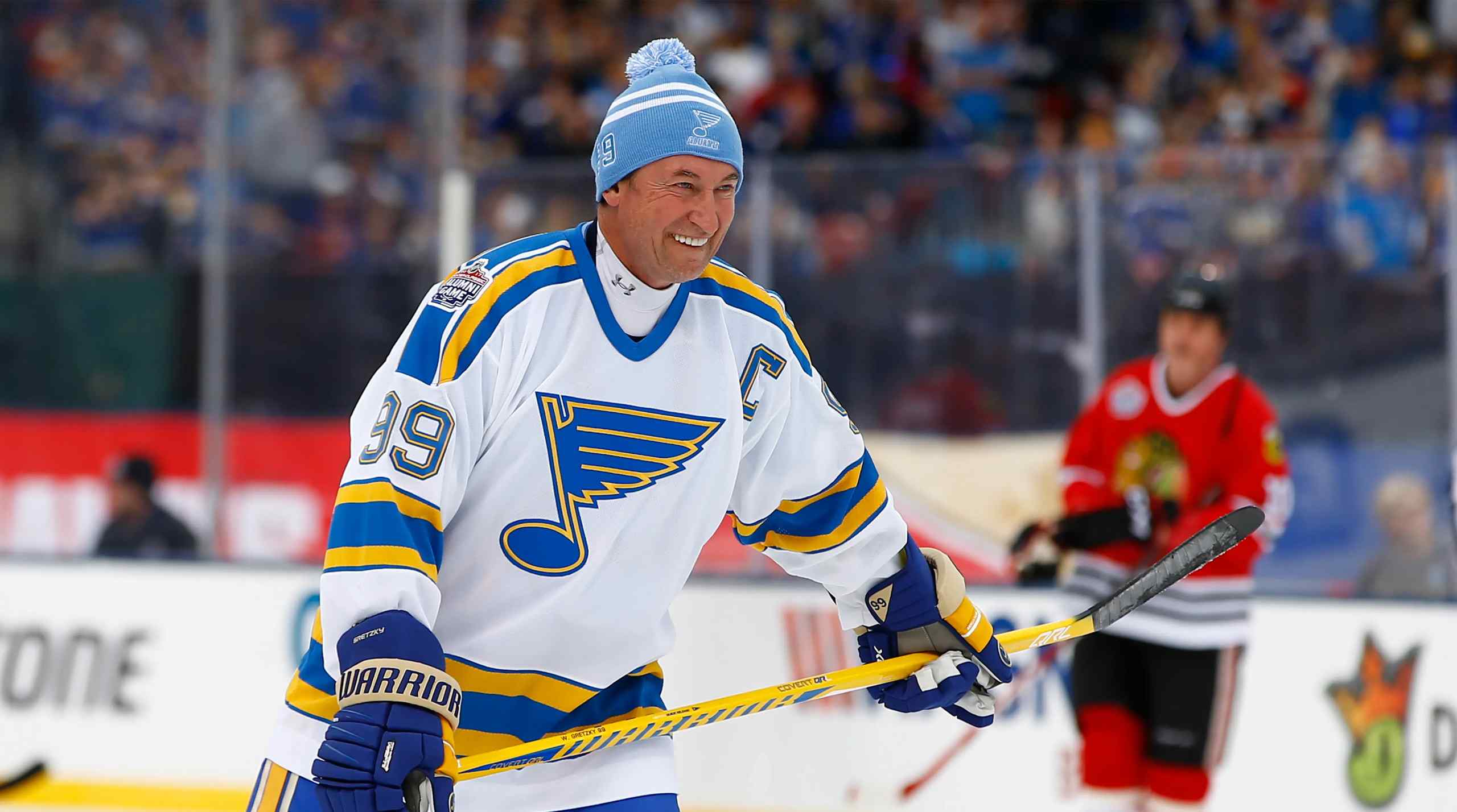 Wayne Gretzky playing in an alumni game for the St. Louis Blues.
